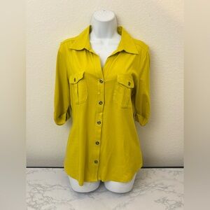 Style & Co Womens Button Down Top Sz M Yellow Roll Tab Long Sleeve Blouse